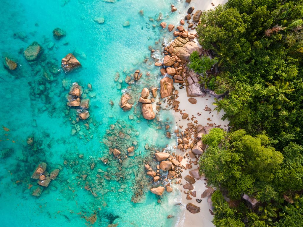 image d'une plage déserte avec une mer turquoise, des rochers et de la végétation